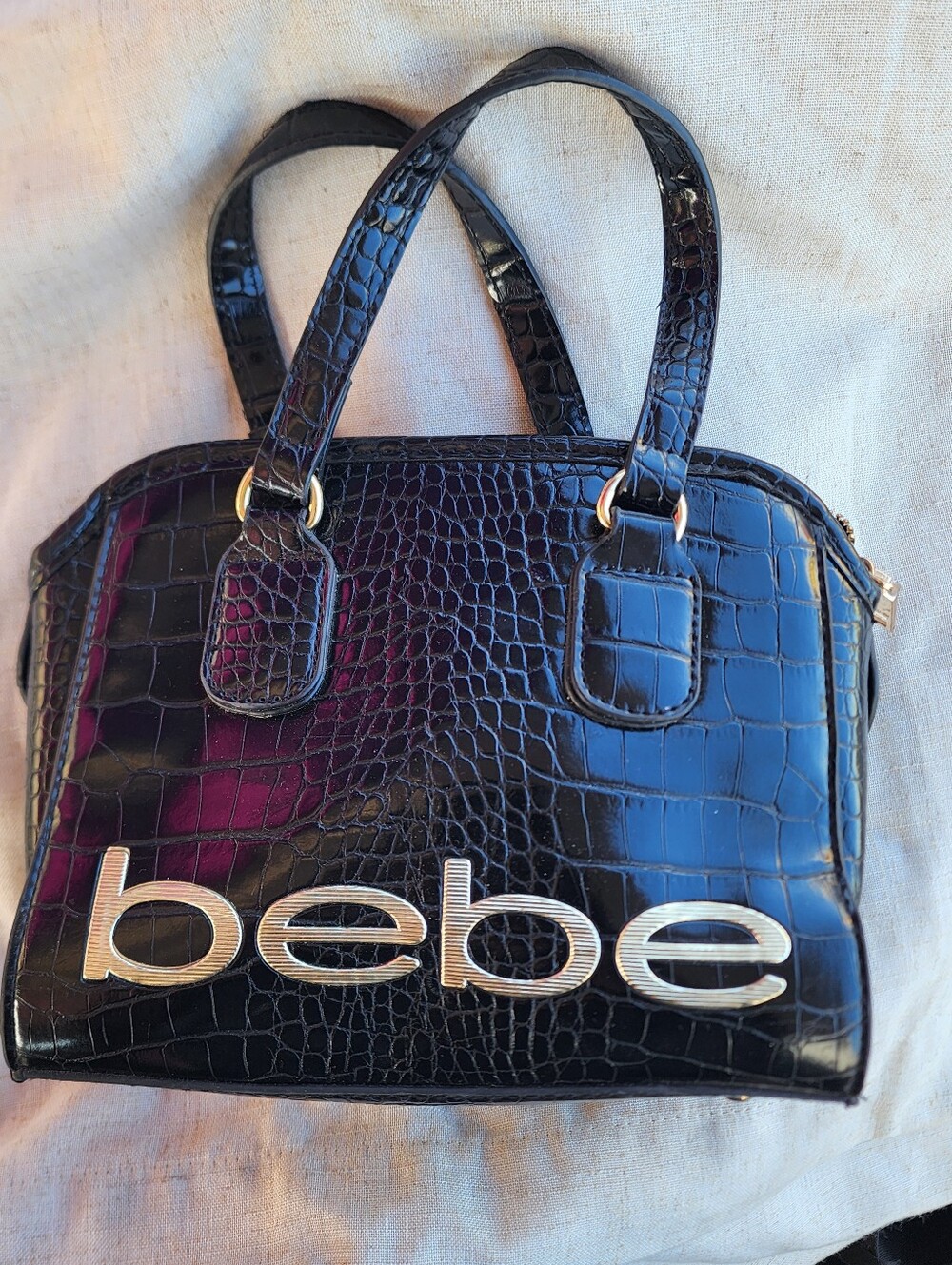 bebe Black Croc-Embossed Patent Satchel with Silver Logo